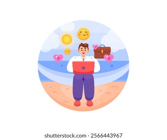 concept of relaxing and vacationing. work anywhere. happy because you can work while traveling. illustration of an employee working while vacationing on the beach. flat style design. elements