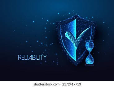 Concept of reliability with protective shield, approval mark, hourglass in futuristic glowing style