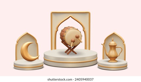 Concept of religious Islamic holiday. Bedug drum, crescent, Arab teapot on round platforms. Illustration with metallic shine effect. Golden festive 3D elements