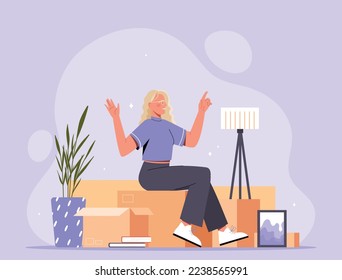 Concepto de reubicación. La niña se sienta en las cajas. La mujer se traslada a otro departamento o país. Migración y viajes, vacaciones. Empaquetar o desempaquetar cajas. Dibujo vectorial plano de dibujos animados