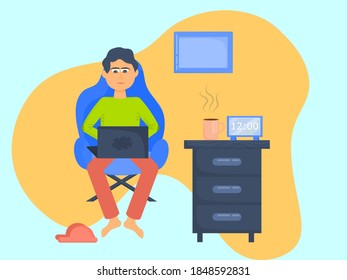 Concept Of Remote Freelance Work. A freelancer is focused on working on a laptop. Near a cafe and cozy Slippers. Vector illustration.