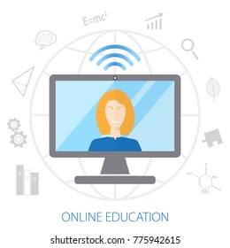 Concept of remote learning. Coach conducts online training on the globe background.  Set icons of education. Flat design. Vector illustration EPS10. 