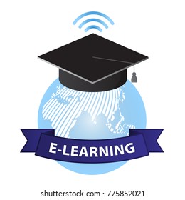 Concept of remote learning. E-learning school university illustration. Globe in an academic cap with an Internet network symbol.  Vector illustration EPS10. 