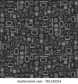 Concept of remote learning. Pattern of education thin line icons on black chalkboard texture background.  Flat design.  Vector illustration EPS10. 