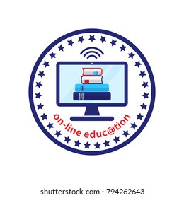Concept of remote learning. Stamp of on-line education. Books are on the screen computer and  sign wi-fi. Flat design. Vector illustration EPS10. 