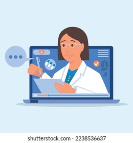 El concepto de una consulta médica remota en línea usando una laptop y una cámara web. Ilustración del vector