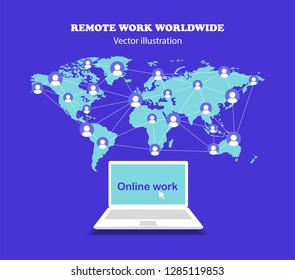 The concept of remote work around the world. Work online. Work on a laptop. Freelancer. Flat design.