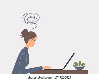 The concept of remote work during quarantine due to virus. Cute girl works on a laptop.A lot of thoughts in the form of tangled thread over her head.Home plant is on table. Vector illustration