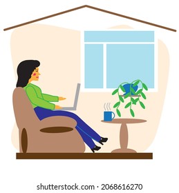 The concept of remote work. A freelance woman sitting in a comfortable chair and working on a laptop. Works from home. Flat design style.