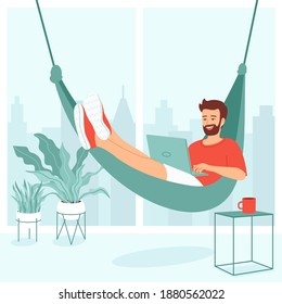 Concept for remote work, freelancing, teaching, e-learning, from home office. Young man is lies in a hammock with a laptop in a room with a large window and houseplants. Cozy vector illustration