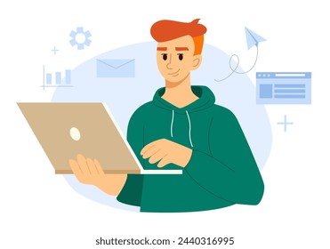 Concept of Remote Work and Freelancing. Young Man Analyzing Data and Holds a Laptop in His Hand. Programmer, Coder, Developer. Flat Style Vector Illustration.