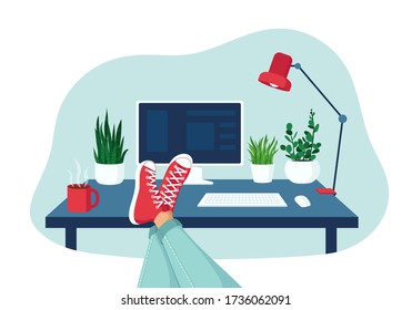 The concept of remote work from home. Freelance, e-learning, work time planning. Organization of the workplace. Flat vector illustration.