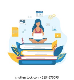 El concepto de trabajo a distancia, educación y aprendizaje en línea, los estudiantes usan computadoras para estudiar. Ilustración vectorial plana