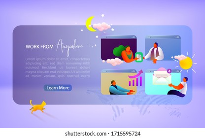 Concept of remote working and work from anywhere. Working from home during Covid-19. Landing page template.  Vector illustration.