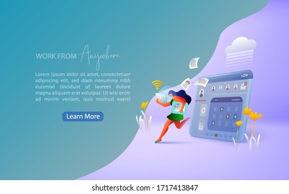 Concept of remote working and work from anywhere. Working from home during Covid-19. Landing page template.  Vector illustration.