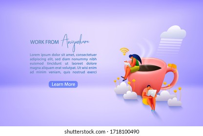 Concept of remote working and work from anywhere. Working from home during Covid-19. Landing page template.  Vector illustration.