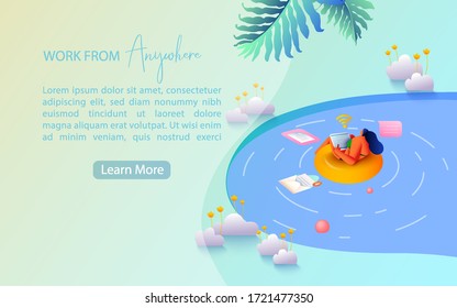 Concept of remote working and work from anywhere. Working from home during Covid-19. Landing page template.  Vector illustration.