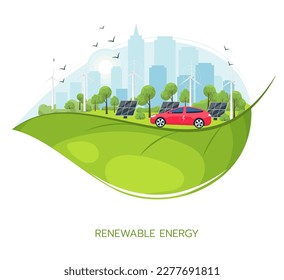 The concept of renewable energy. The electric car, solar panels, and wind turbines are on the city landscapes background