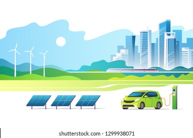 Concept of renewable energy. Green city. Urban landscape with a solar panels, electric car charger station and wind turbines. Vector illustration.