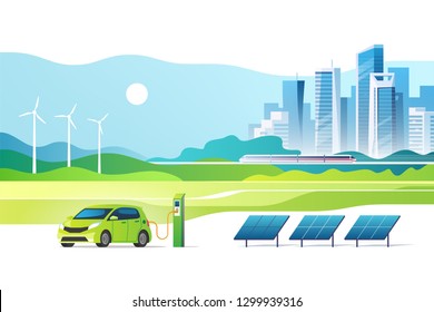 Concept Of Renewable Energy. Green City. Urban Landscape With A Solar Panels, Electric Car Charger Station And Wind Turbines. Vector Illustration.