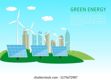 The concept of renewable energy sources from the sun and wind turbines. Green energy resources. Vector illustration