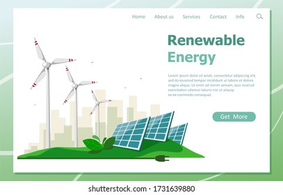 The concept of renewable energy from the sun and wind turbines. Landing page of green energy resources. Vector illustration in a flat style.