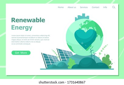 El concepto de energía renovable de las turbinas solares y eólicas. Página de inicio de recursos de energía verde. Ilustración vectorial en un estilo plano.