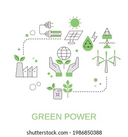 Concept of renewable green power. Save environment, alternative energy. Vector illustration.