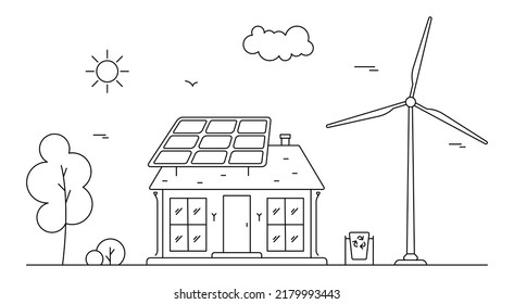 Concept of renewable solar and wind energy. Neighborhood Line art illustration with house and sun collector, windmill.