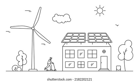 Concept of renewable solar and wind energy. Neighborhood Line art illustration with house, man and sun collector.