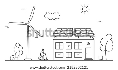 Concept of renewable solar and wind energy. Neighborhood Line art illustration with house, man and sun collector.
