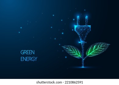 Concept of renewable, sustainable energy with futuristic plant and electric plug as flower on blue