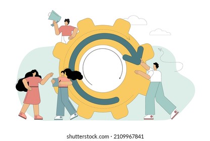 The concept of renewal. The flat people team restarts the project. Symbol of change. System update. Change of life goals. New direction. Vector illustration