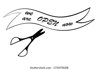 Concept of renovating commercal activity. Text "we are open now" and icon of scissors.  Vector. white background