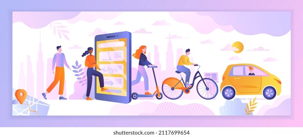 Concept of rental service. People go to smartphone screen and go out on transport. Modern technology, application for comfort. Order bicycle ride or car, rent. Cartoon flat vector illustration