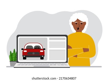 The concept of renting or buying a car. A grandma with a laptop on which site about the car. Vector flat illustration