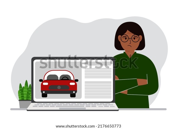 The concept\
of renting or buying a car. A woman with a laptop on which site\
about the car. Vector flat\
illustration