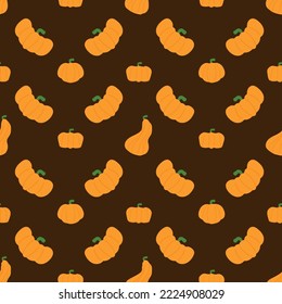 Concept of repeating pumpkins. Seamless pattern. Vector illustration isolated on brown background. Flat. Autumn pattern with pumpkins. Design element.
