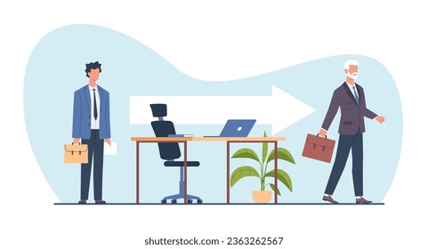 Concept of replacement of employees due to retirement or dismissal. Job rotation in people management. Human resources department. Recruit new employee. Vector cartoon flat isolated illustration