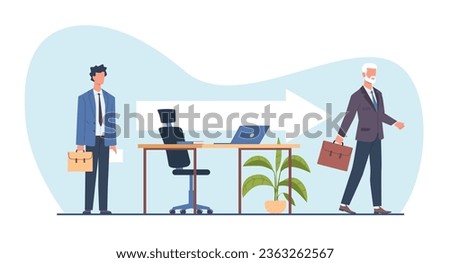 Concept of replacement of employees due to retirement or dismissal. Job rotation in people management. Human resources department. Recruit new employee. Vector cartoon flat isolated illustration