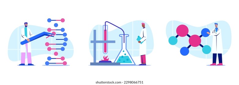 Concept of research in laboratory. Man splitting DNA code with tweezers. Scientist conducting research with test tubes. Laboratory assistant holding molecule symbol. Vector illustration in flat design