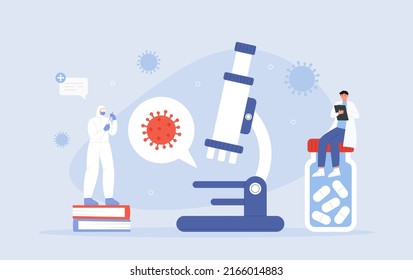 The concept of research the monkeypox virus. A scientist in a protective suit makes tests. Looks through a microscope. FLat vector illustration.