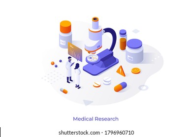 Concept With Researchers In Lab Coats, Microscope, Pills, Test Tubes. Medical Research, Scientific Laboratory Experiment, Chemical Analysis. Isometric Design Template. Vector Illustration.