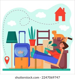 The concept of resettlement. A happy young woman moves into a house, an apartment. A smiling girl is transporting things. I'm moving to a new house. Isolated flat vector illustration