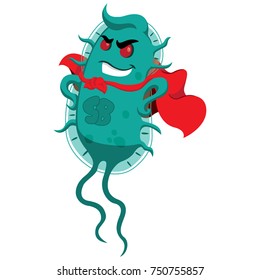 Concept of resistance to antibiotics. Creature superbug a microorganism with cover of super villain. Ideal for informational and medicinal materials on ineffective antibacterial therapy