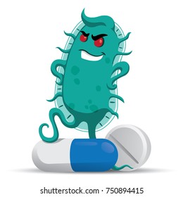 Concept of resistance to antibiotics. Creature superbug a microorganism stepping on medicines and antibiotics with air of superiority. Ideal medicinal materials on ineffective antibacterial therapy