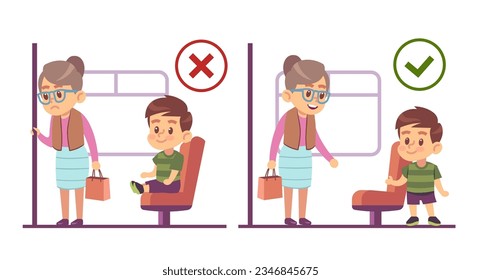 Concept of respect for elders, boy gives way to older woman. Child giving up his seat in transport to grandma. Etiquette rules poster for kindergarten or school. Vector cartoon flat illustration