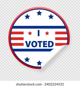 Concept of responsibility USA voting 2024 icon. Circle sticker with I voted, on American flag. Round American elections labels.