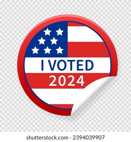 Concept of responsibility USA voting icon. Circle sticker with I voted, on American flag. Round American elections labels.