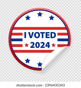 Concept of responsibility USA voting icon. Circle sticker with I voted, on American flag. Round American elections labels.